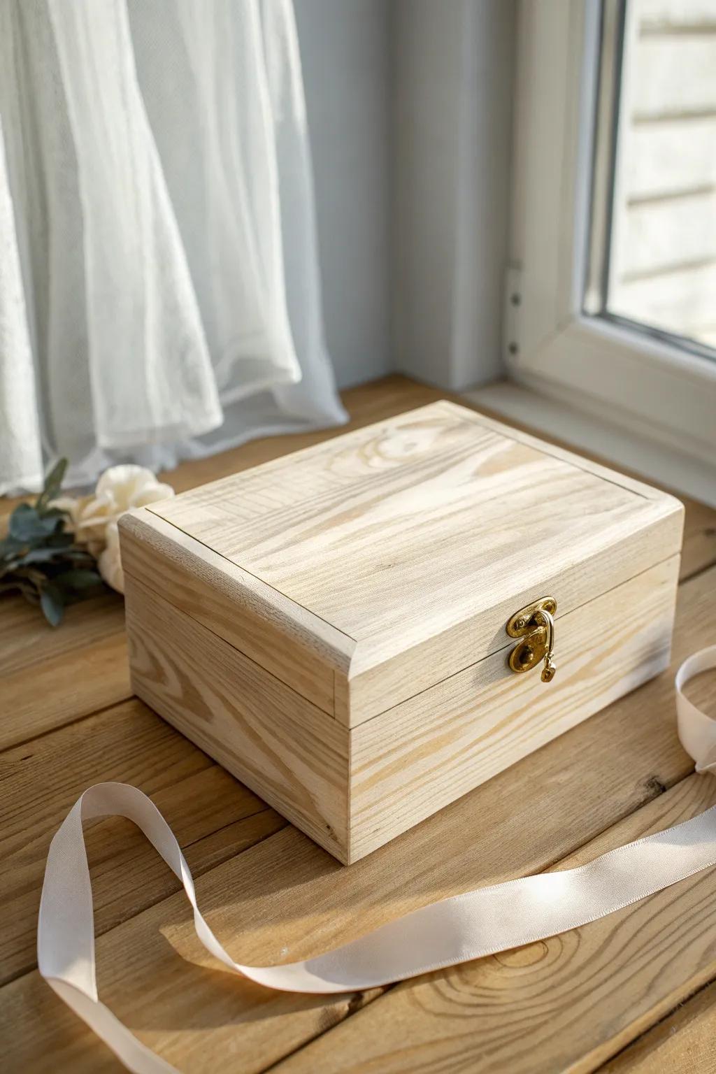 Airy whitewashed pine keepsake box—rustic grain, soft light, and timeless wedding charm.