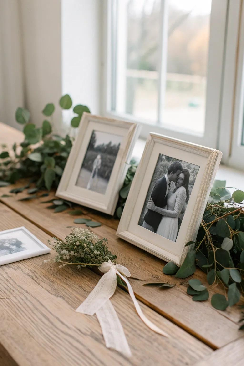 A loose eucalyptus runner weaving between frames softens the display and feels effortlessly curated.