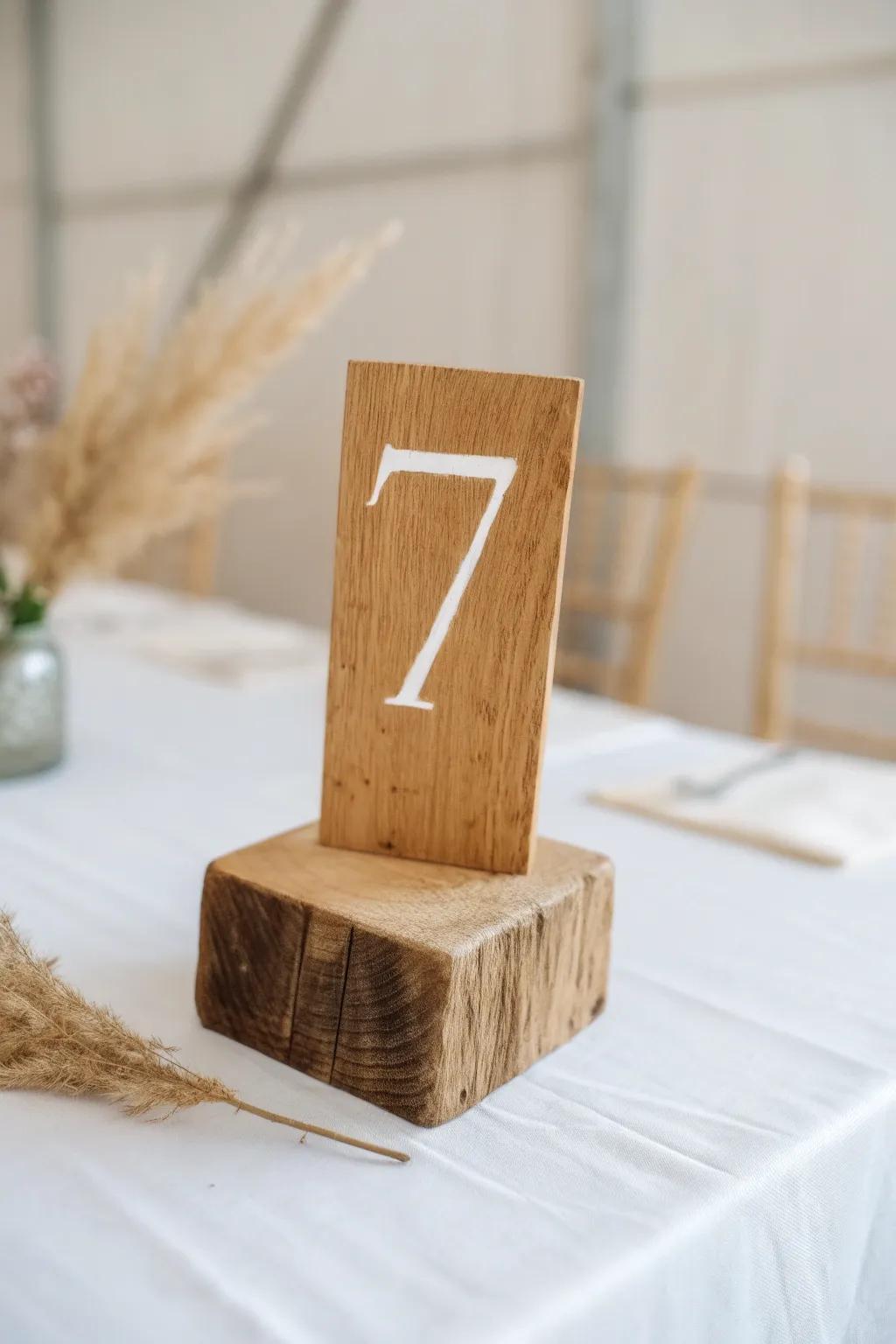 Handmade wood table number on a mini scrap block—minimal, warm, and wedding-ready.