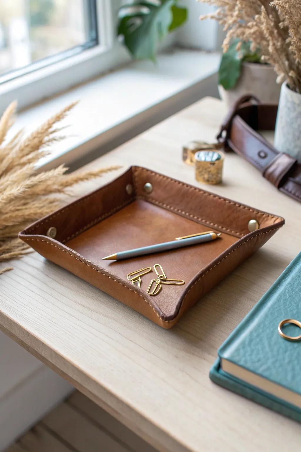 DIY cognac leather catchall tray—simple, western-refined desk style with handmade charm.