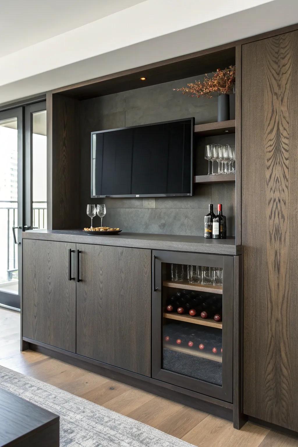Dark moody wood cabinets with a TV above—matte details and a light counter for contrast.