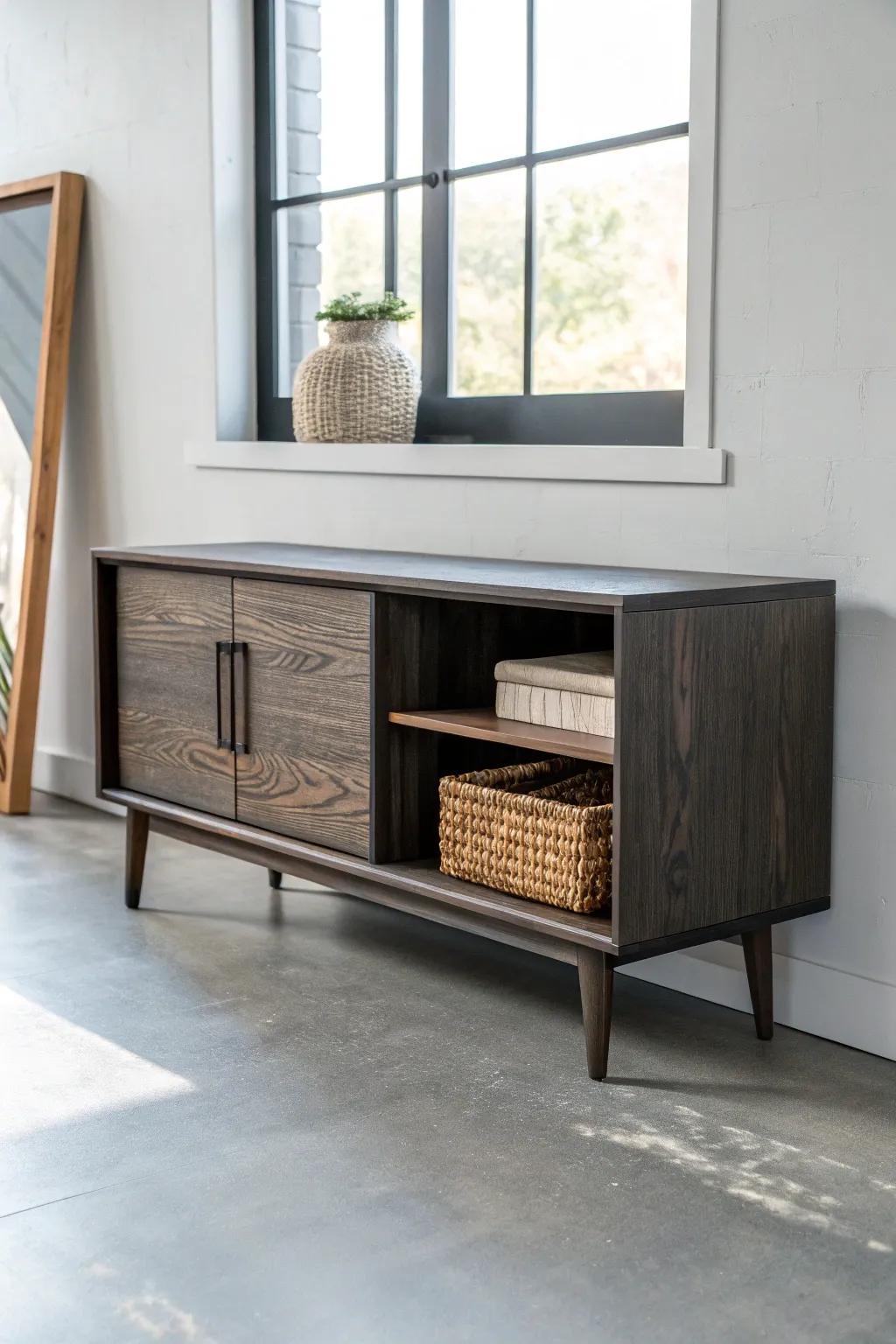 Charcoal wood media cabinet on gray floors—sleek tone-on-tone with warm, woven accents.