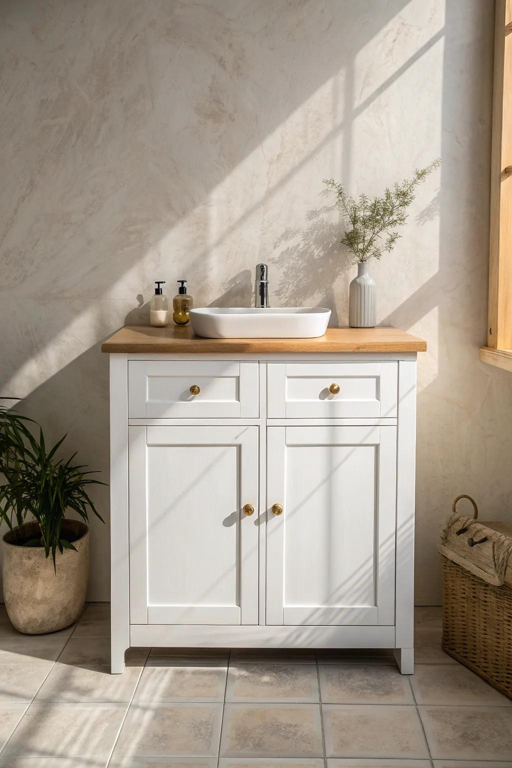 Crisp white vanity + warm oak accents—an easy way to keep the bathroom bright yet welcoming.