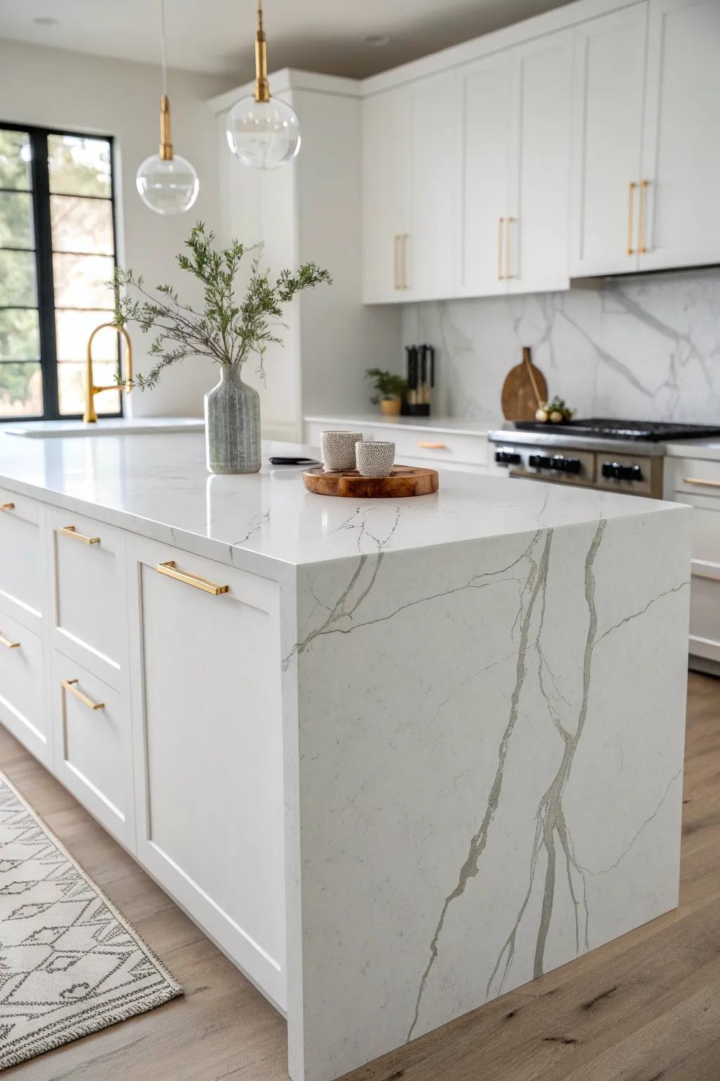 A waterfall white island turns cabinets + countertops into one sculptural, custom statement.