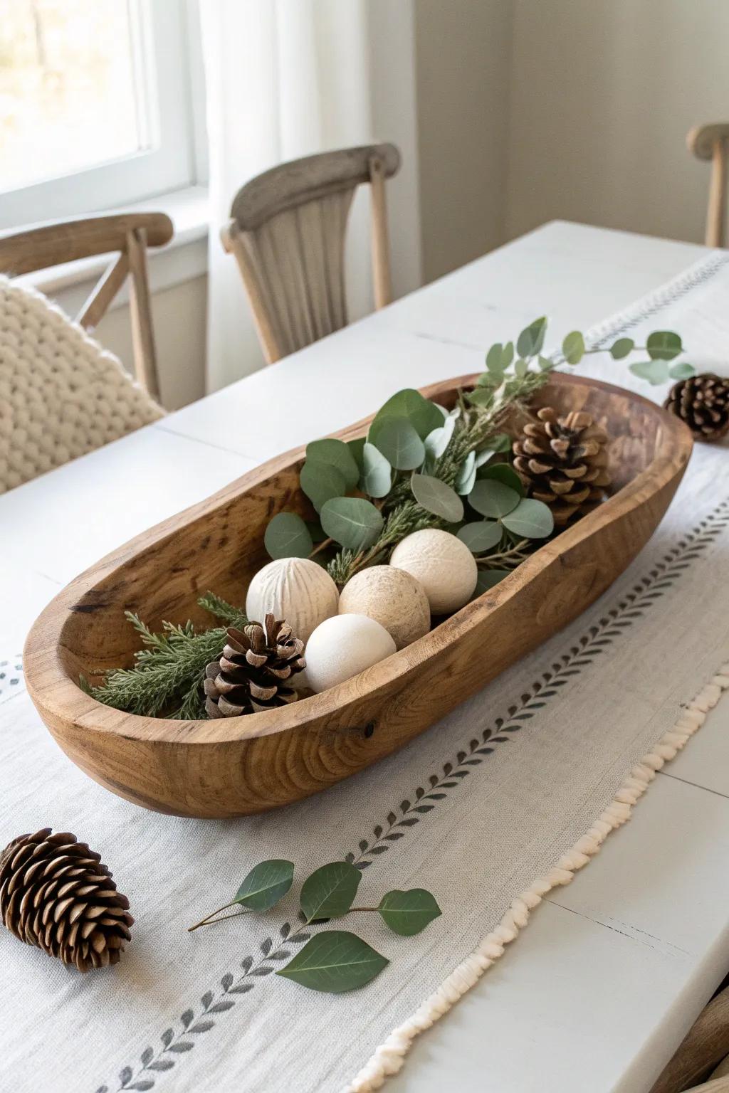 Rustic dough bowl filled with greenery and pinecones—warm farmhouse contrast on a white table.