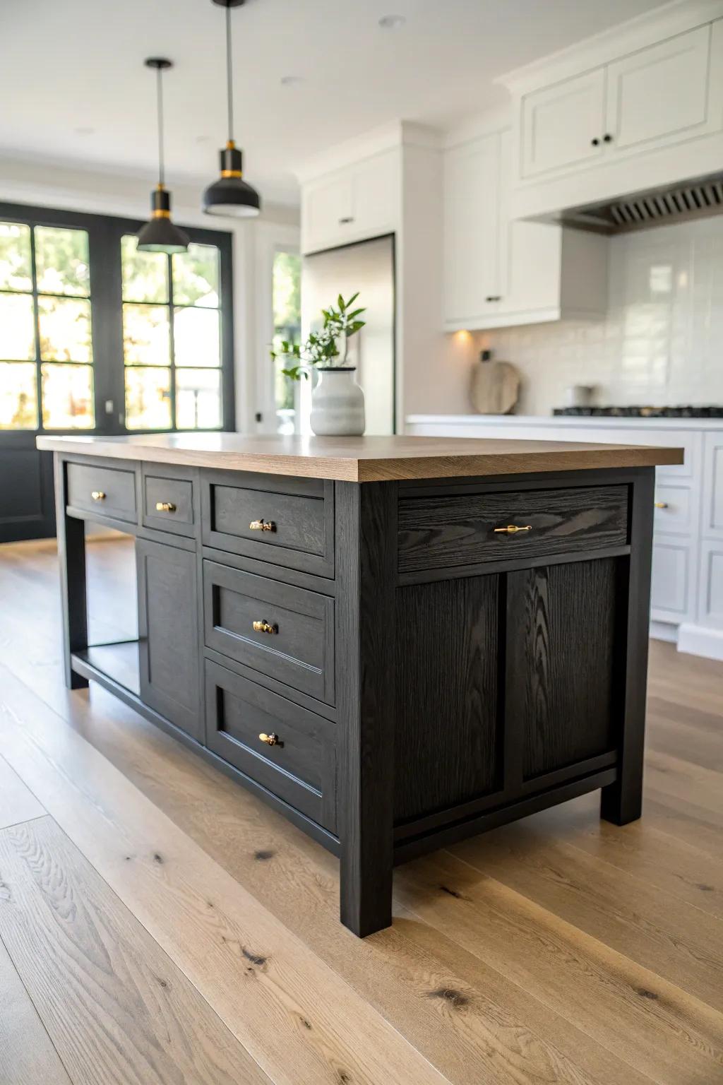 Light oak floors soften a white kitchen, letting a black island feel warm and lived-in.