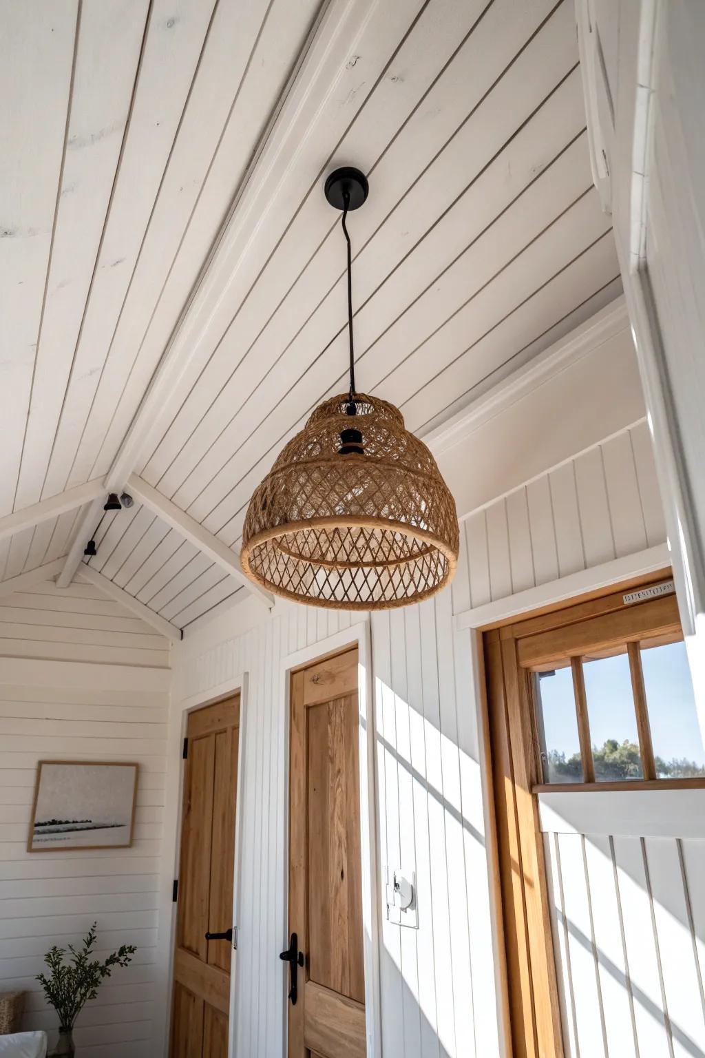 A white plank ceiling + one woven pendant instantly turns a narrow entryway into a moment.