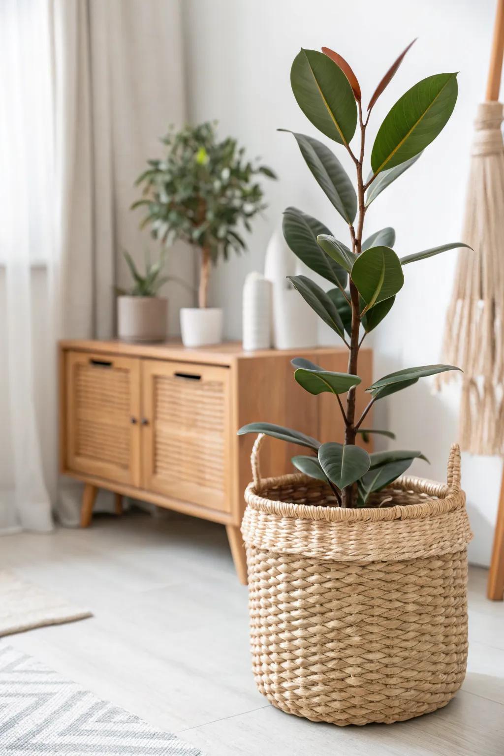 Wicker planter + leafy green: the easiest way to bring a calm, styled “outside in” vibe.