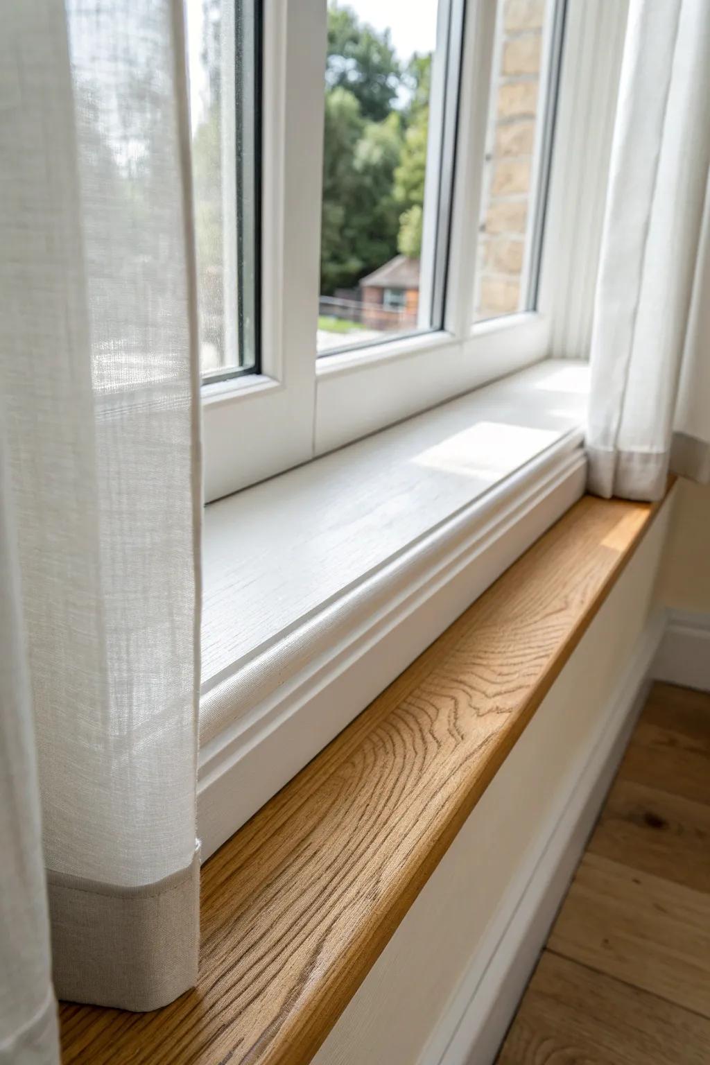 Same paint color, higher sheen—this window sill catches the light for a quiet, polished look.