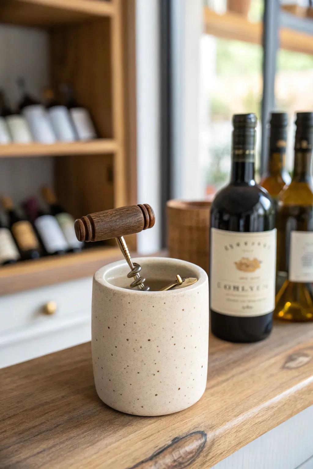 A simple crock of bar tools turns your wine cabinet into a tidy, ready-to-pour ritual.