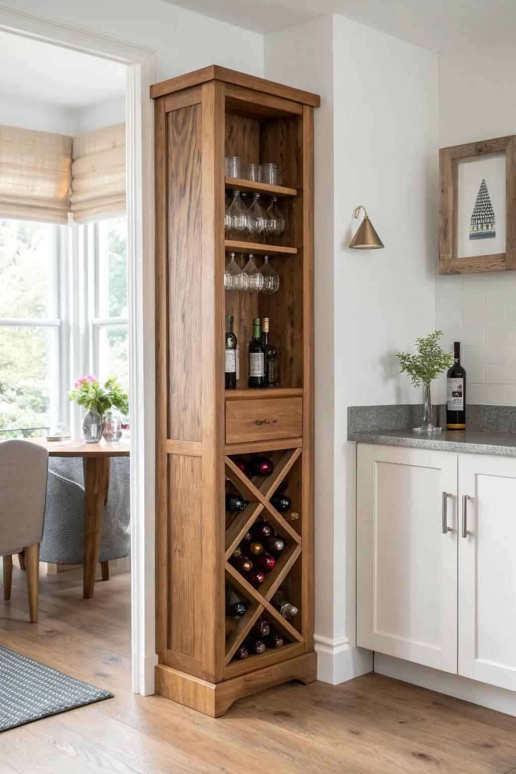 Turn dead corner space into a cozy reclaimed-wood wine tower with a mini pouring ledge.