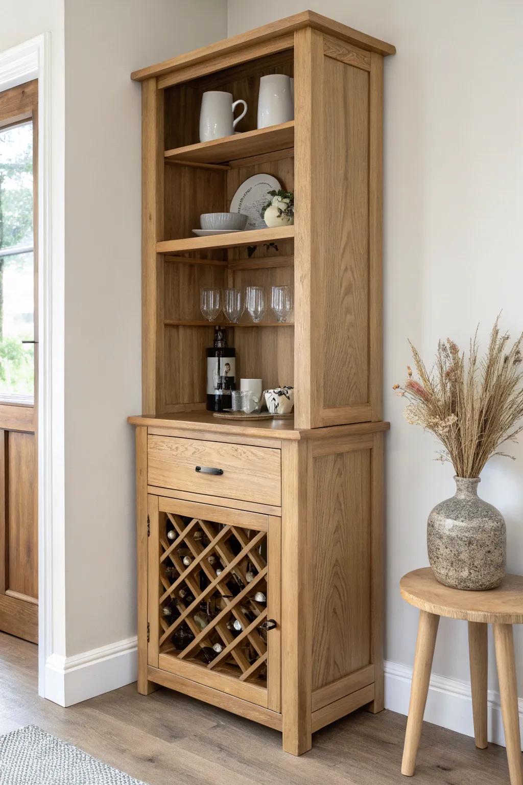A corner wine cabinet hutch that turns unused space into a calm, craft-forward focal point.