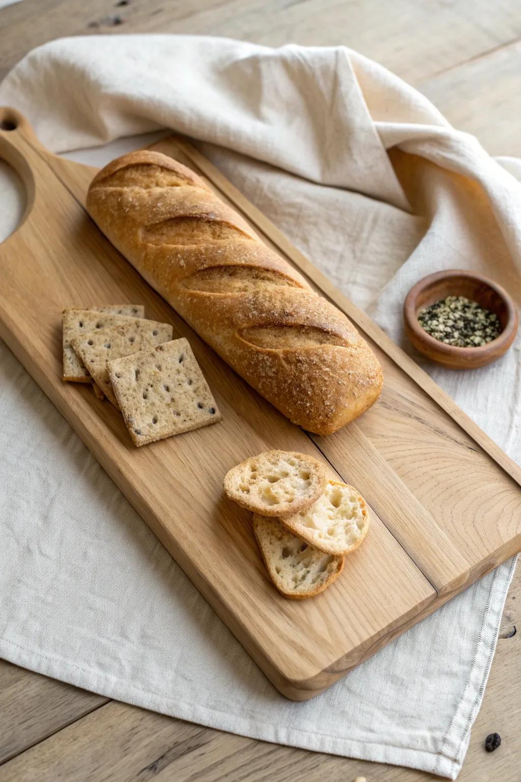 Bakery-level bread board: fanned slices, crisp crackers—perfect with an easy wine.