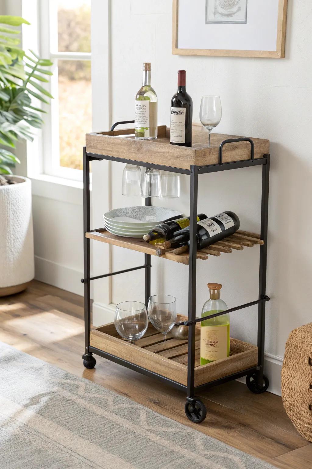 A rolling bar cart wine rack with a custom wood cradle—easy to move, beautiful to display.