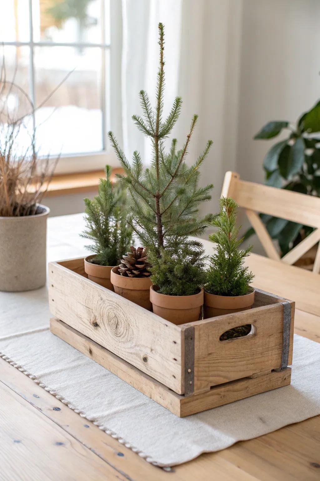 Mini evergreens lined in a handmade wood box—simple winter centerpiece with cozy Nordic charm.
