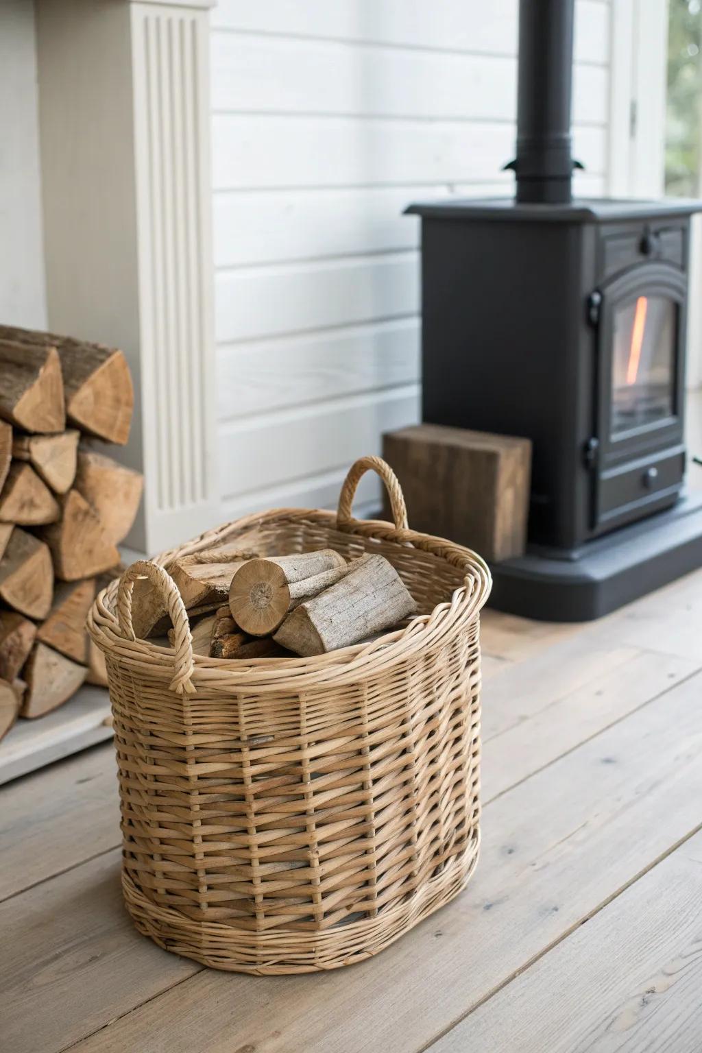 Woven wicker log basket by the stove—Scandi minimal with a boho touch, warm and tidy.