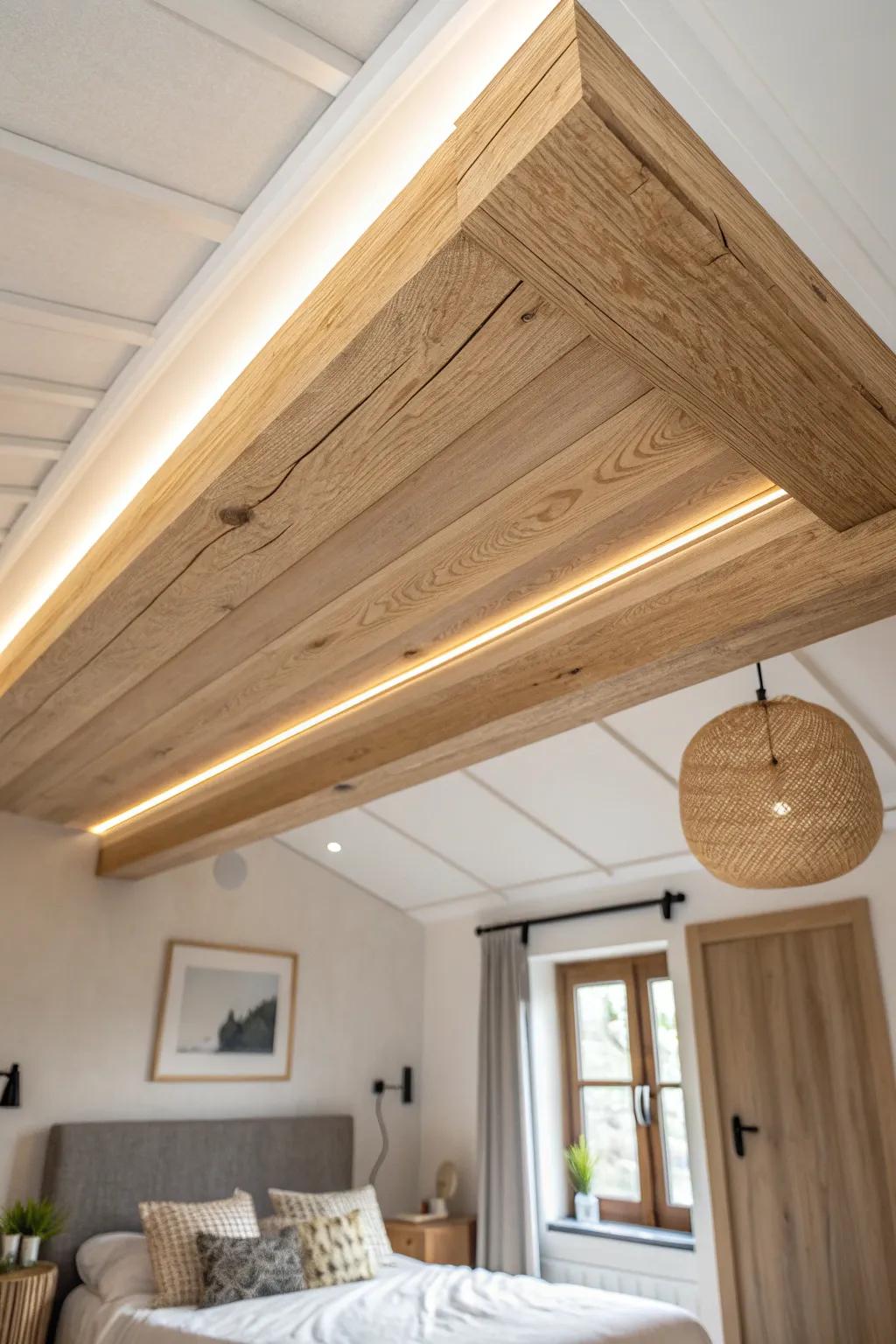 Hidden LED uplight on beam tops adds a velvety glow that highlights the wood ceiling grain.