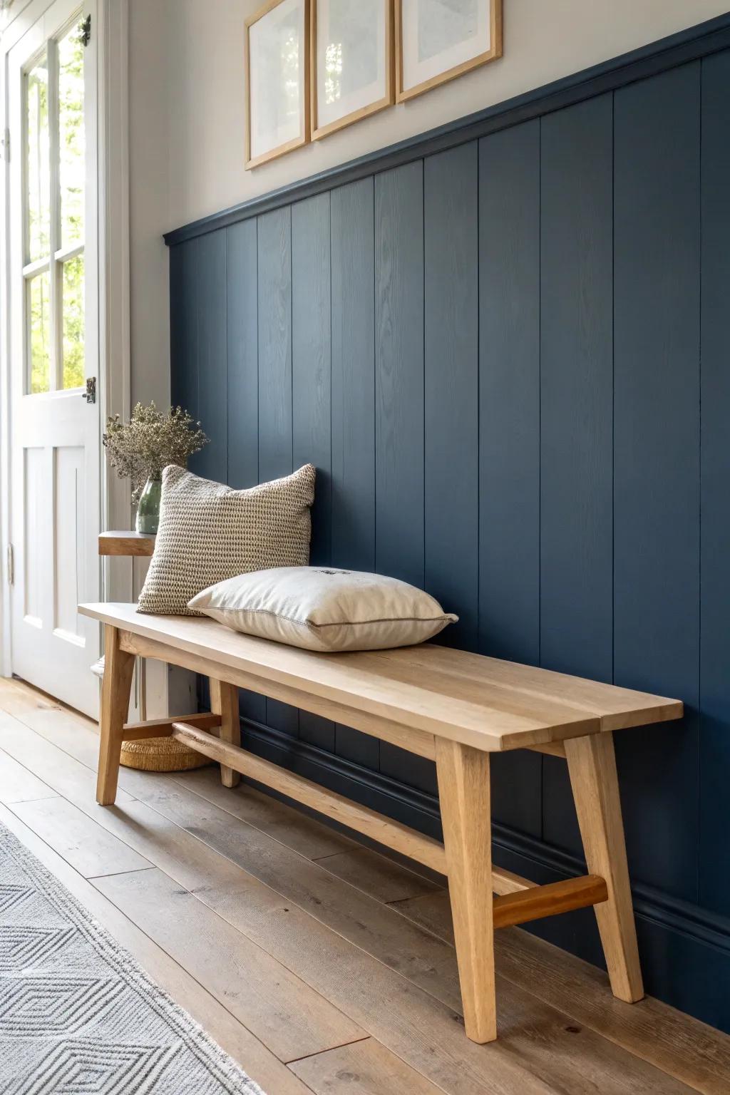 Inky navy walls make a wood ceiling glow—bold, clean contrast with cozy warmth.