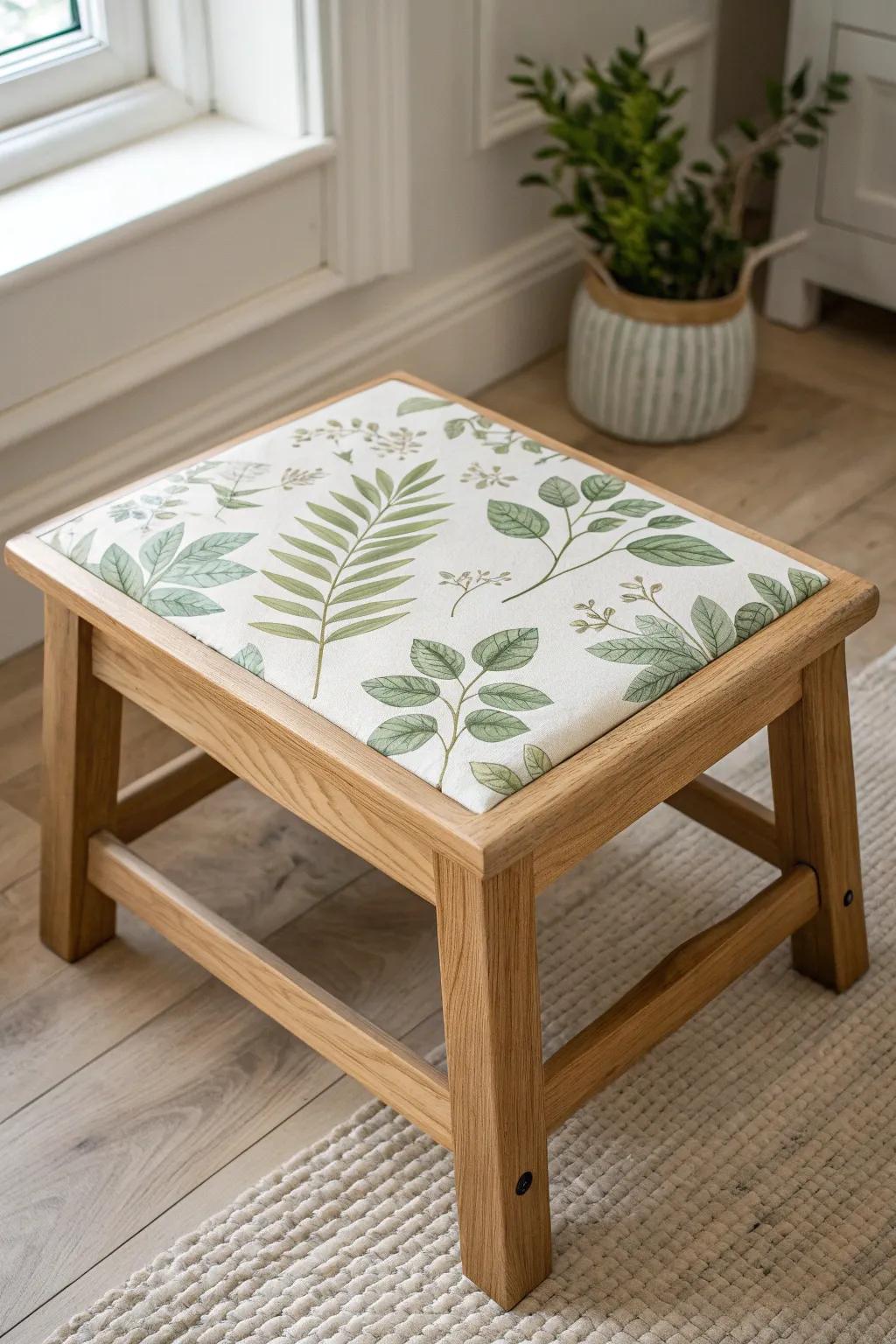 Botanical decoupage turns a simple wood step stool top into a fresh, handcrafted statement.