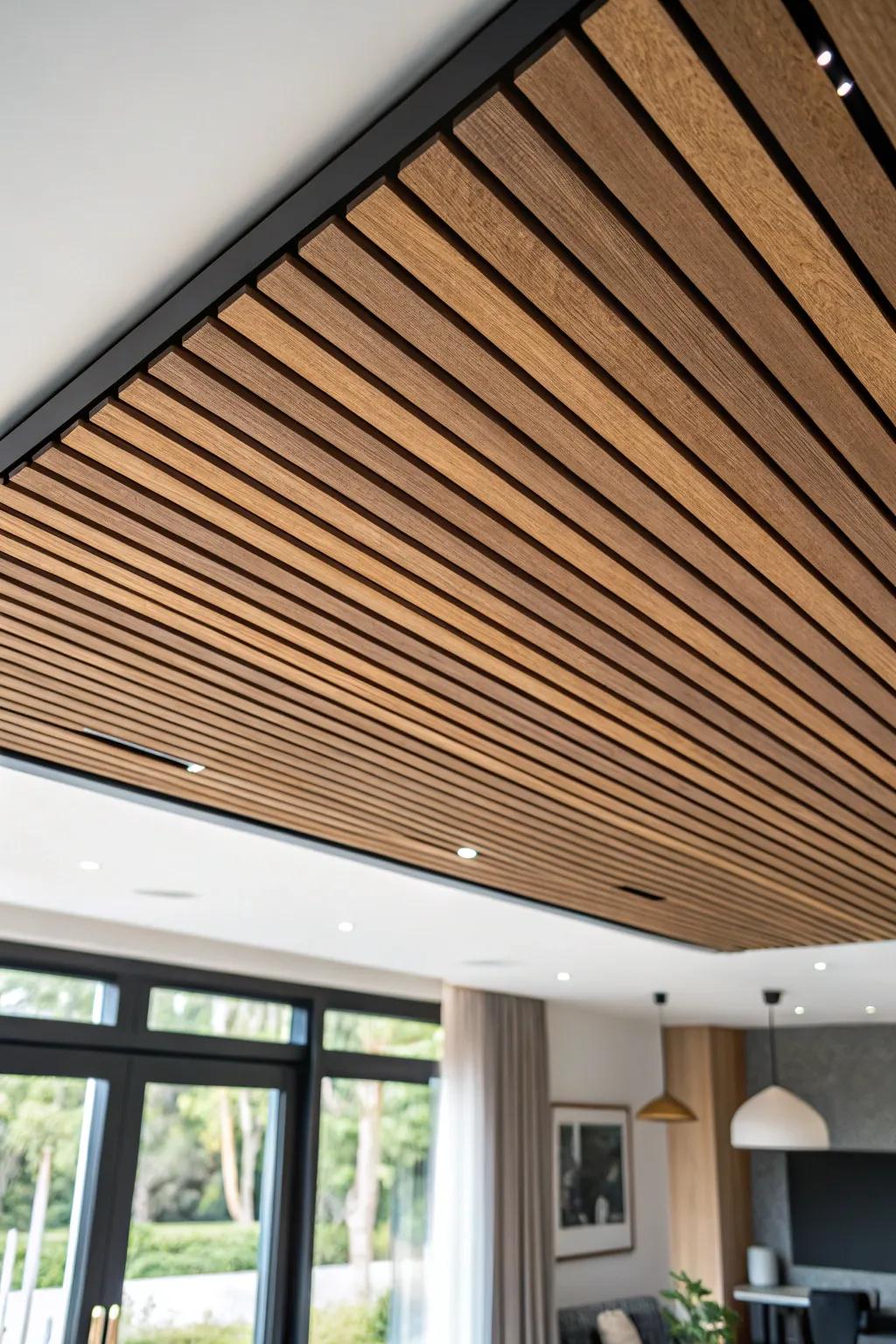 Warm oak slats on black acoustic felt—sleek contrast that softens echo and elevates ceilings.