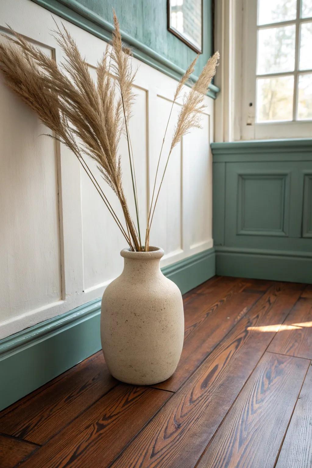 Rich chestnut floors glow with red warmth, perfectly balanced by creamy whites and muted greens.
