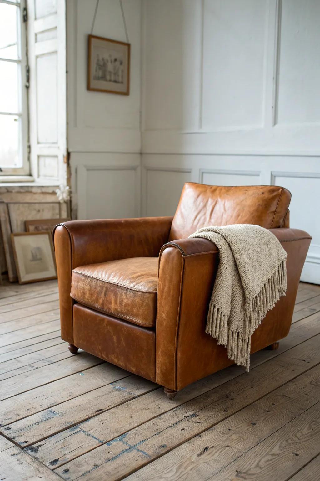 Reclaimed-look planks plus a worn leather chair—rustic character with calm Scandinavian style.