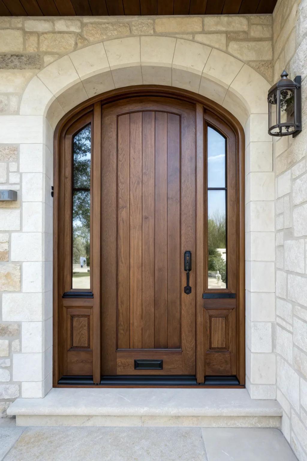 An arched, deep-stained wood door on light stone—Scandi minimal with a boho softness.