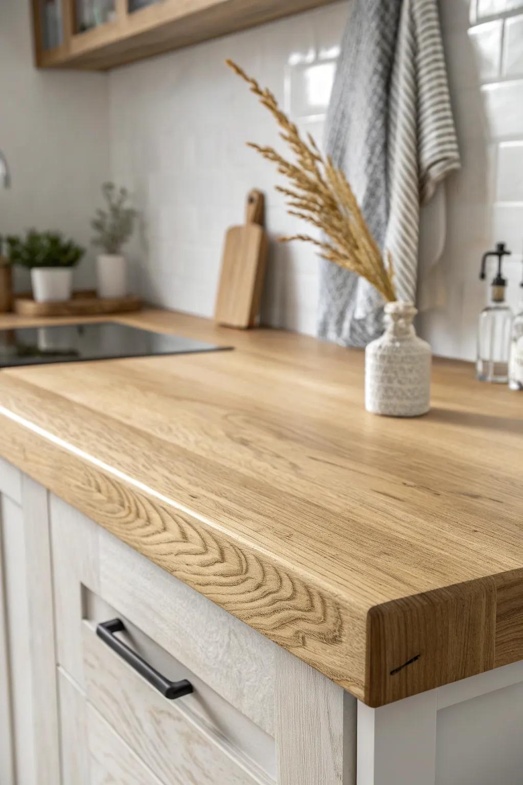 Super-matte soft-touch wood countertops: calm, cozy, and grain-rich in natural daylight.