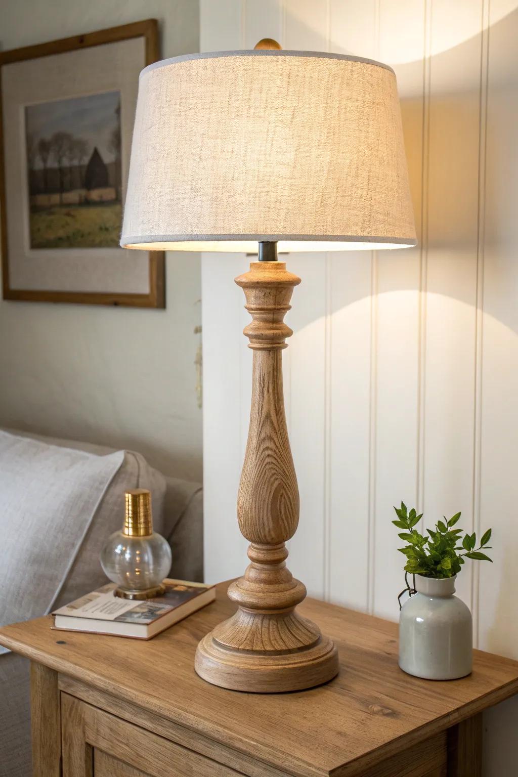 Turned spindle wood lamp: farmhouse charm with clean Scandinavian lines and warm glow.
