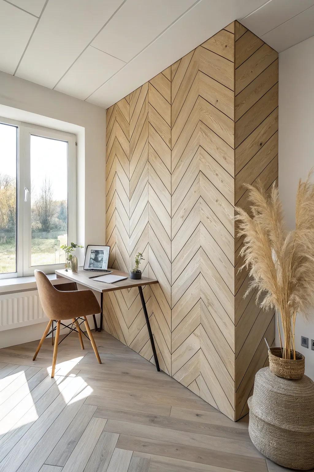 A chevron oak panel wall adds movement, warmth, and crafted elegance to a calm office.