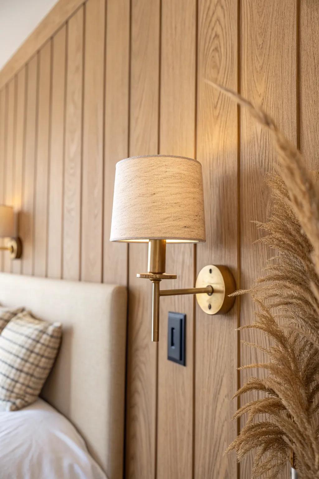 A wall sconce mounted on wood paneling adds a warm glow—and frees up nightstand space.