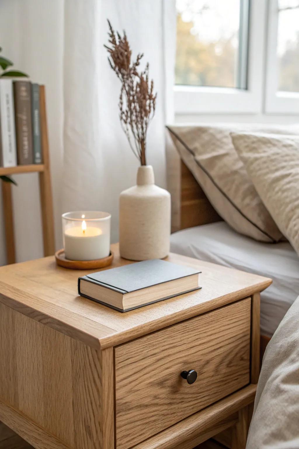 A petite wood riser turns your nightstand into a calm, cohesive organizer in seconds.