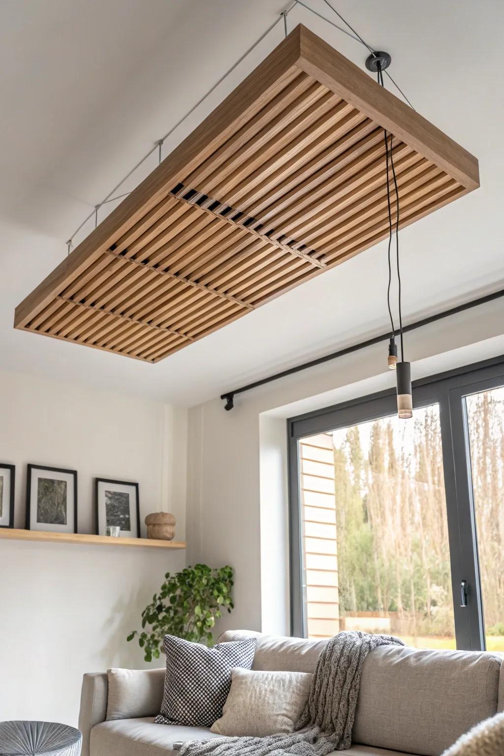 A floating oak slat “cloud” adds warmth and defines your seating zone without a full ceiling.