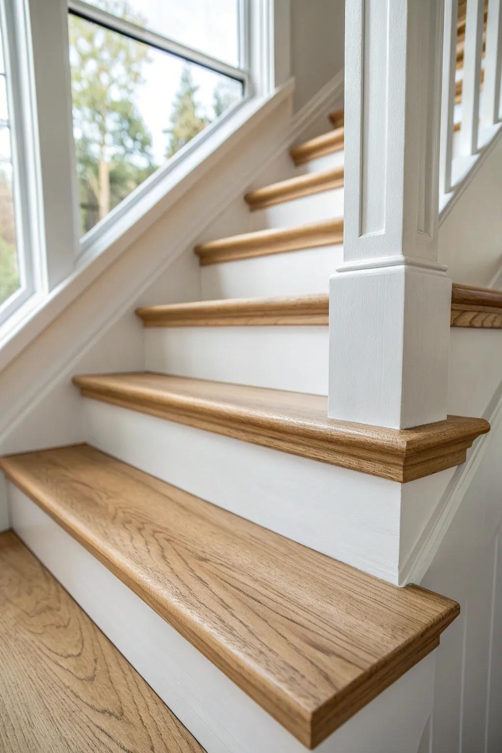 Crisp skirt board trim makes wood stairs look custom-built—clean lines, hidden gaps, polished finish.