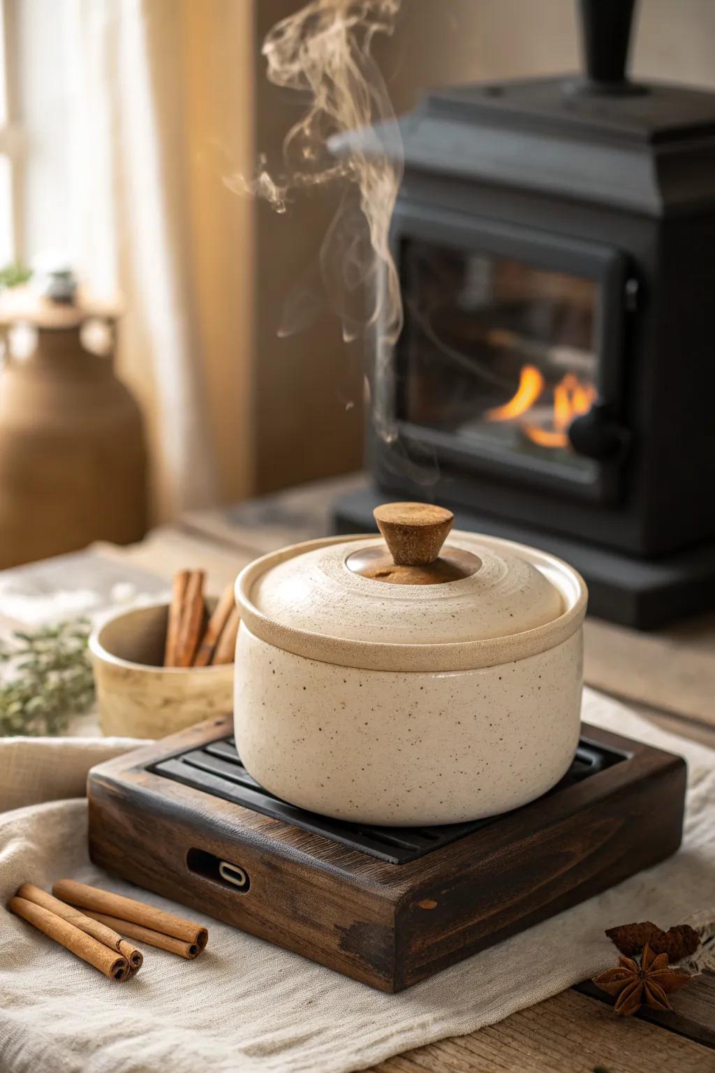 Cinnamon + clove steam in a stove-top humidifier—cozy scent and gentle winter moisture.
