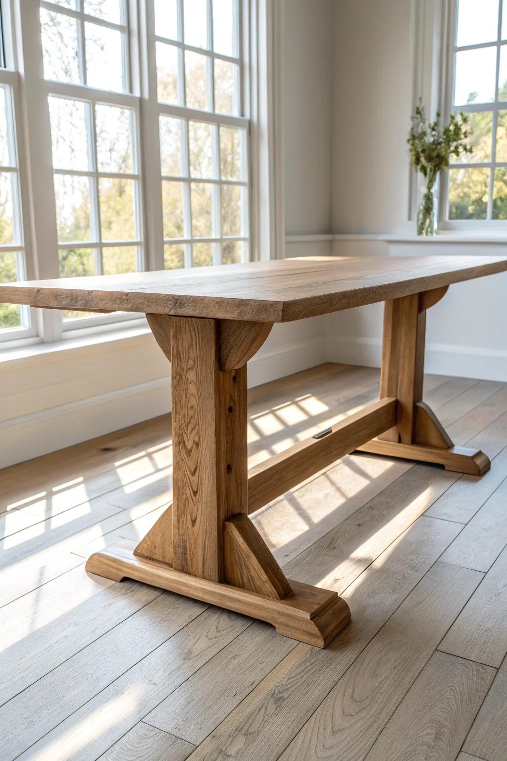 Proud mortise-and-tenon trestle base—clean lines, warm oak grain, true craftsmanship.