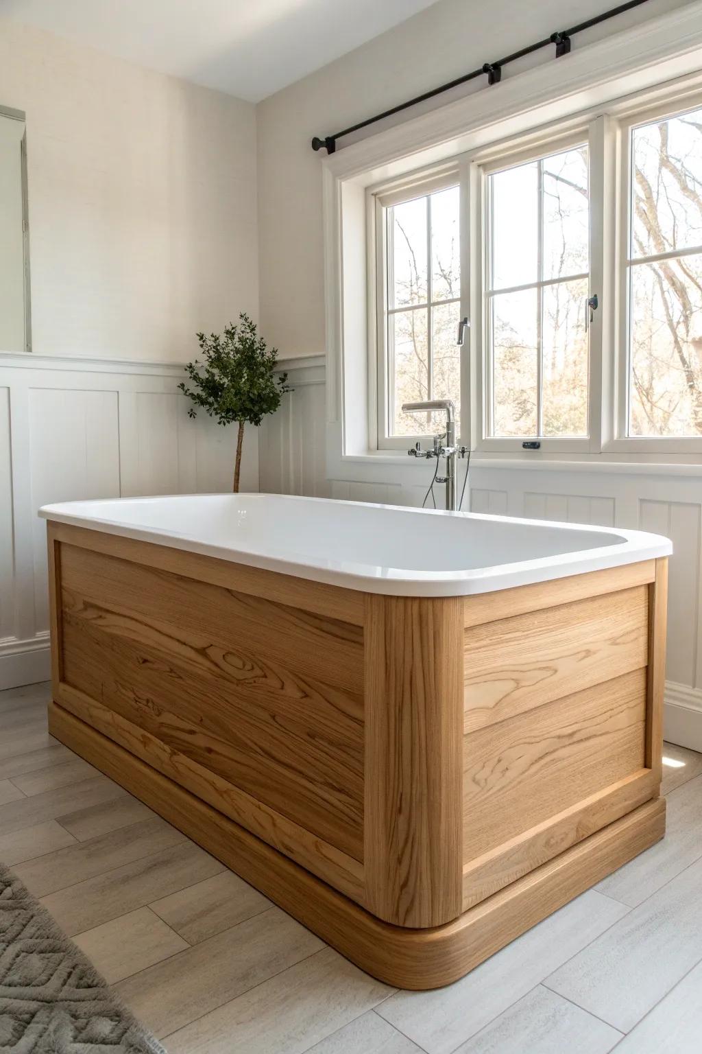 A simple mitered picture-frame trim adds instant custom polish to a wood tub surround.