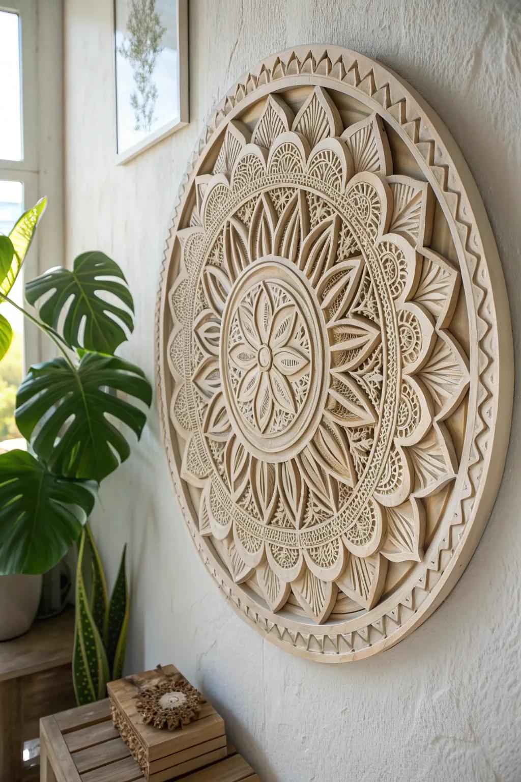 Layered carved wood mandala medallion with a soft whitewash—grain and depth beautifully pop.