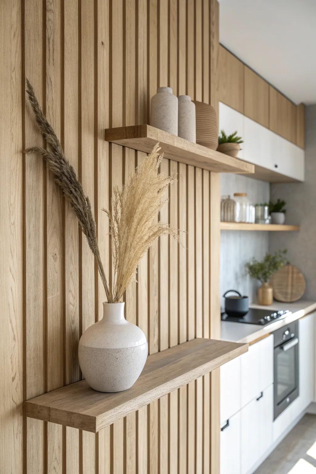 A seamless oak floating shelf over a slatted wood backsplash—minimal, warm, and handcrafted.
