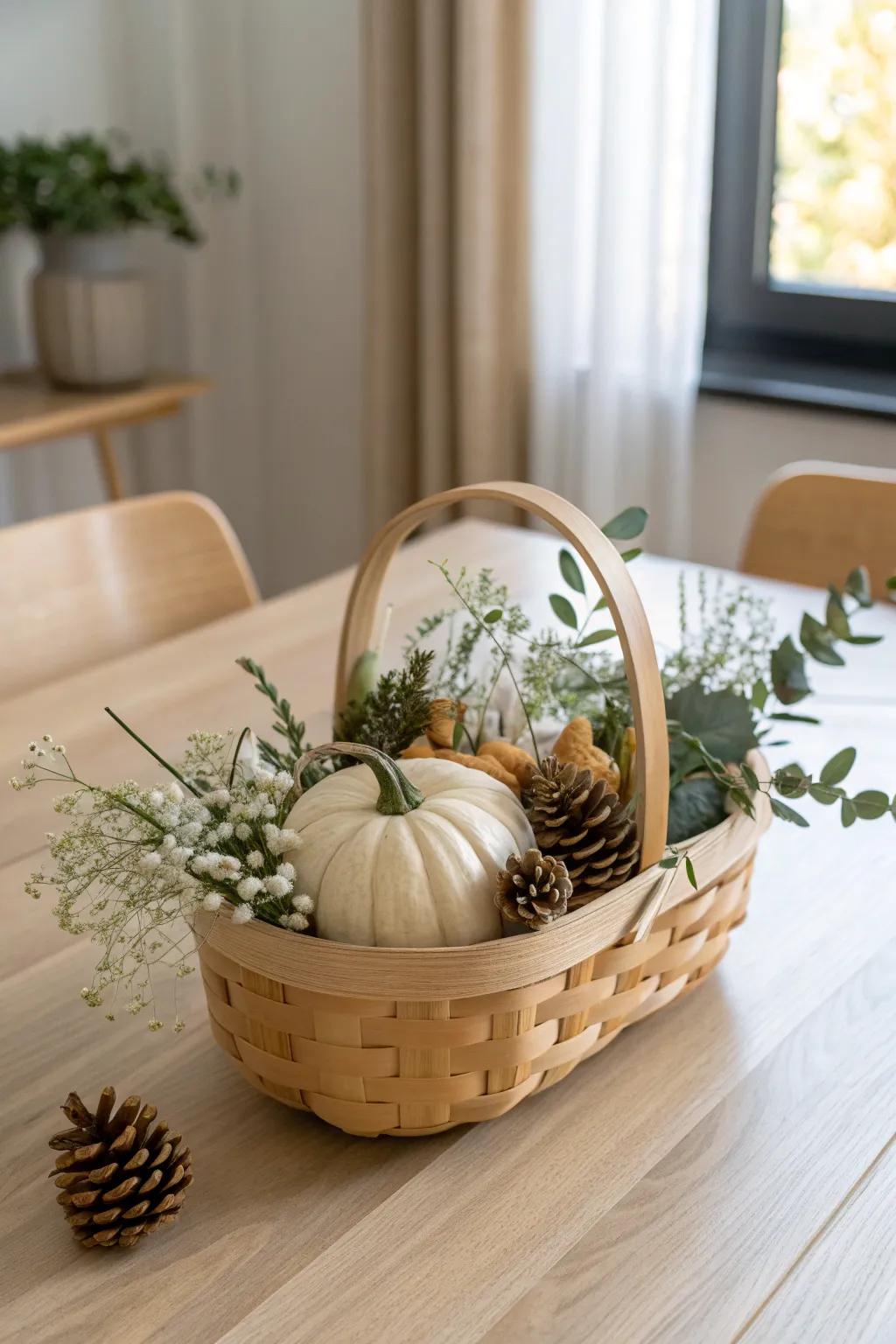 Seasonal centerpiece basket: a handcrafted wooden tray styled in minutes with natural filler.