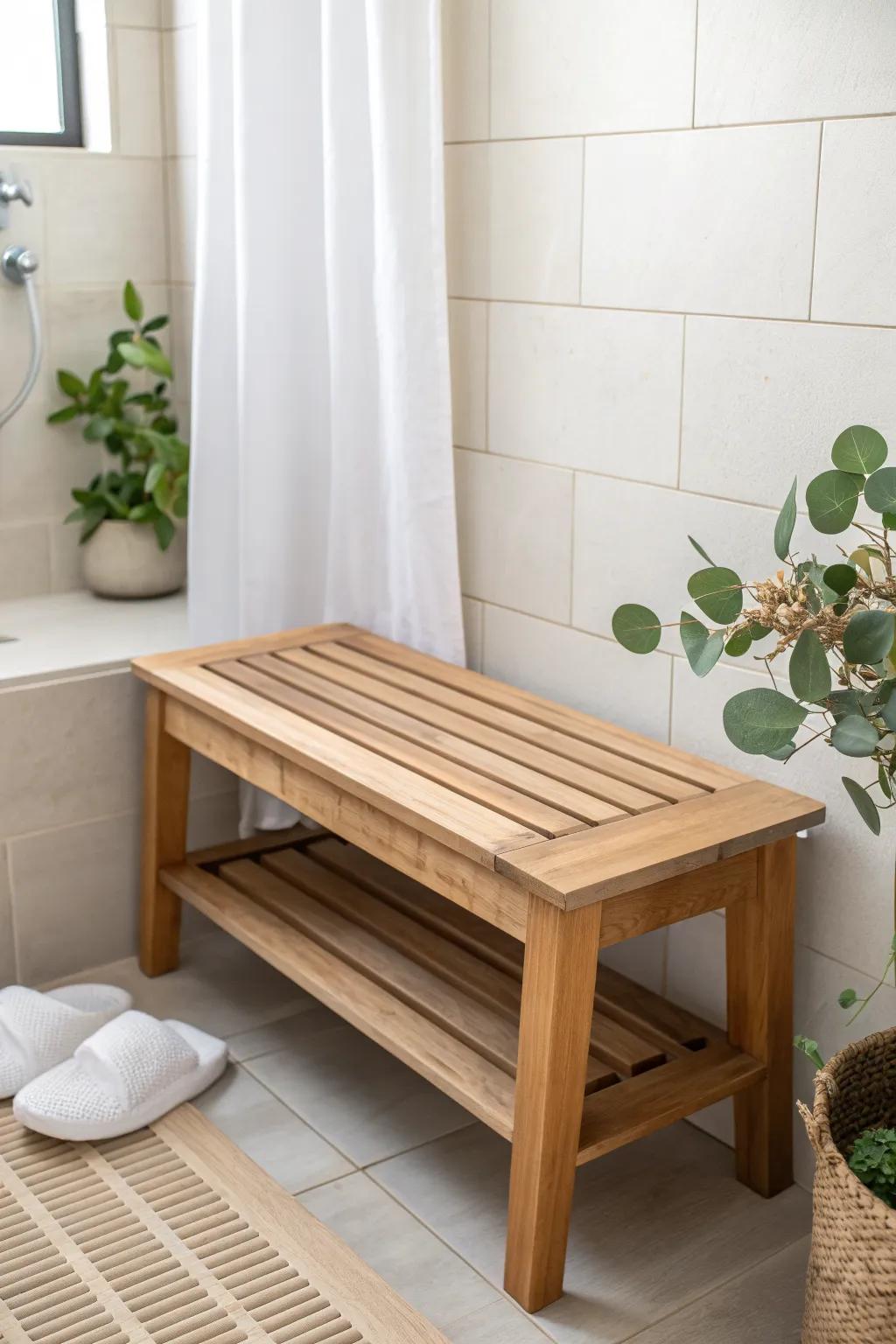 A sleek teak shower bench with a subtle slope—spa luxury with clean, crafted simplicity.