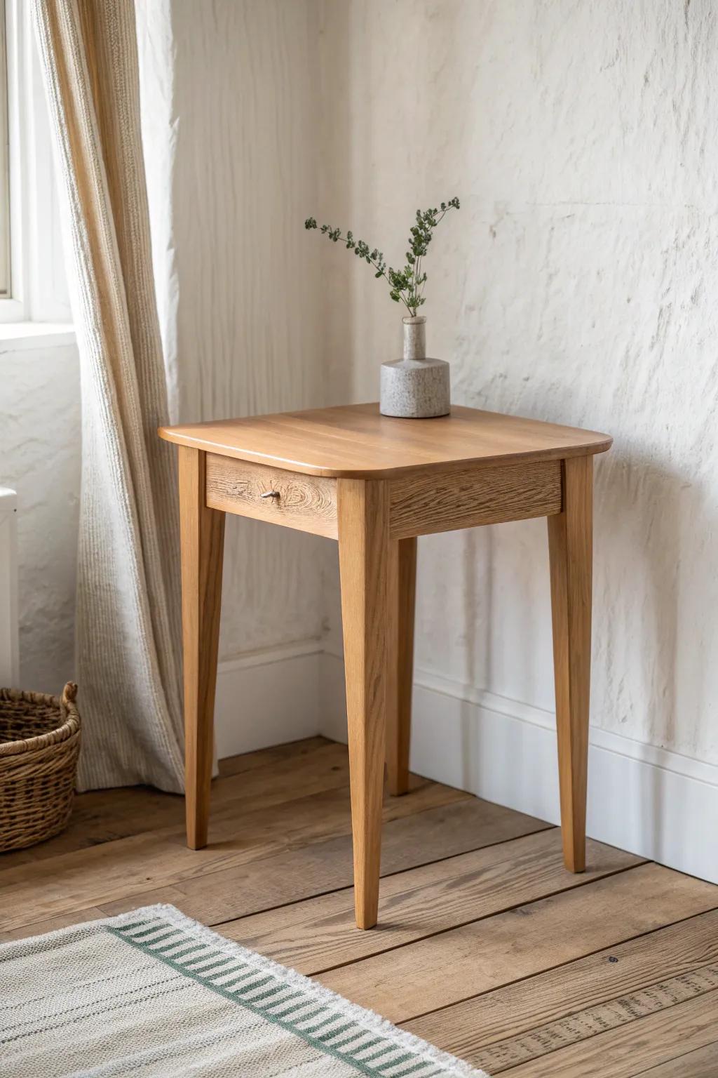 Shaker calm for busy rooms: a tapered-leg oak corner table with clean, crafted lines.