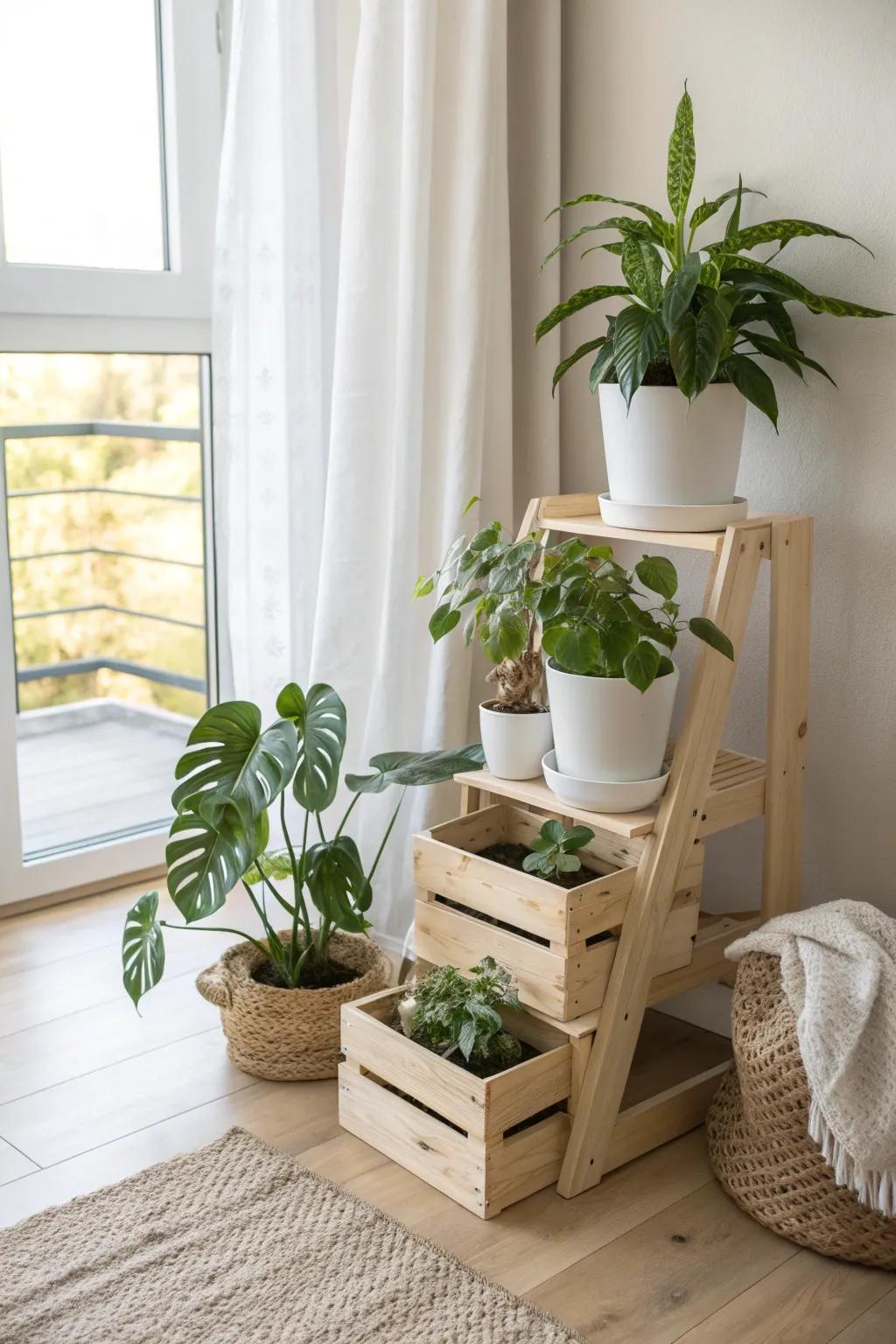 Staggered wooden crates create a minimal plant stand with height, layers, and warm wood texture.
