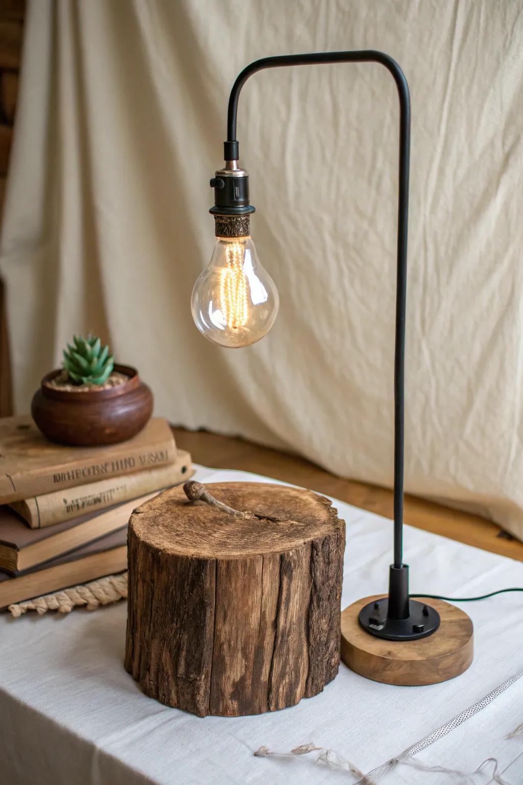 Wood meets black metal: a minimalist industrial lamp that makes the grain glow.