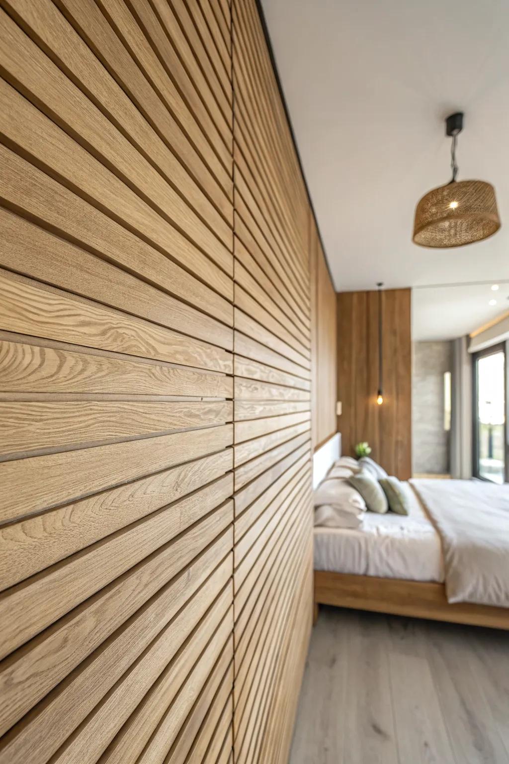 Seamless wood panels from wall to ceiling create a taller, custom look with warm Scandinavian calm.