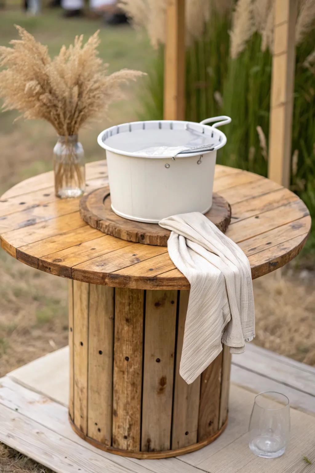 A wooden spool becomes a chic wedding drink station—simple, warm, and beautifully practical.