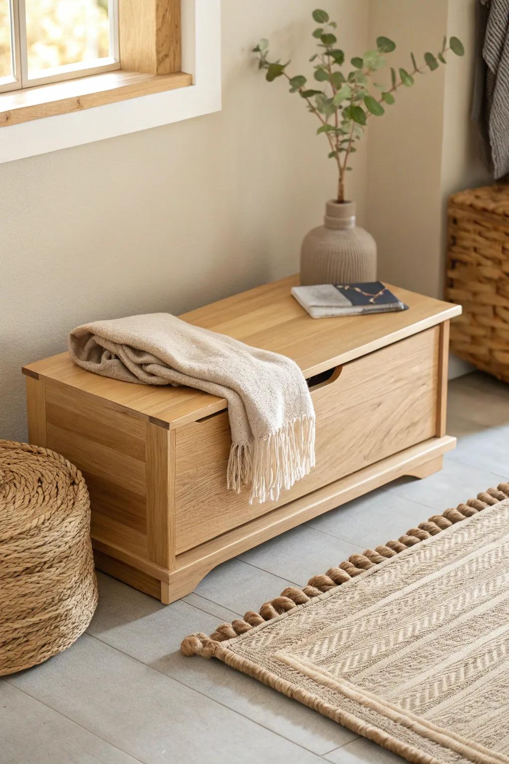 A slim oak drop-zone box that keeps hats, gloves, and leashes beautifully in place.