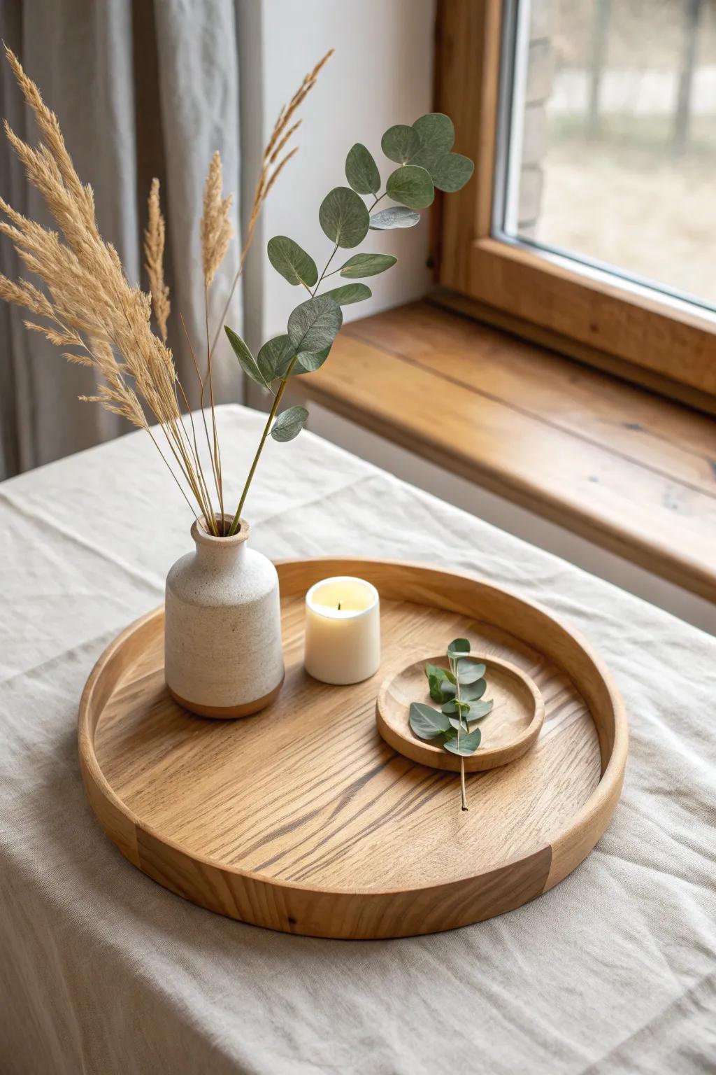 One wooden tray, endless seasons—swap stems and a candle for effortless year‑round charm.