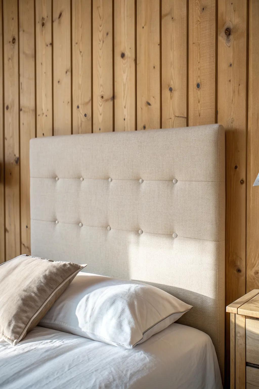 Soft linen headboard meets warm oak wall panels for a cozy, crafted bedroom backdrop.