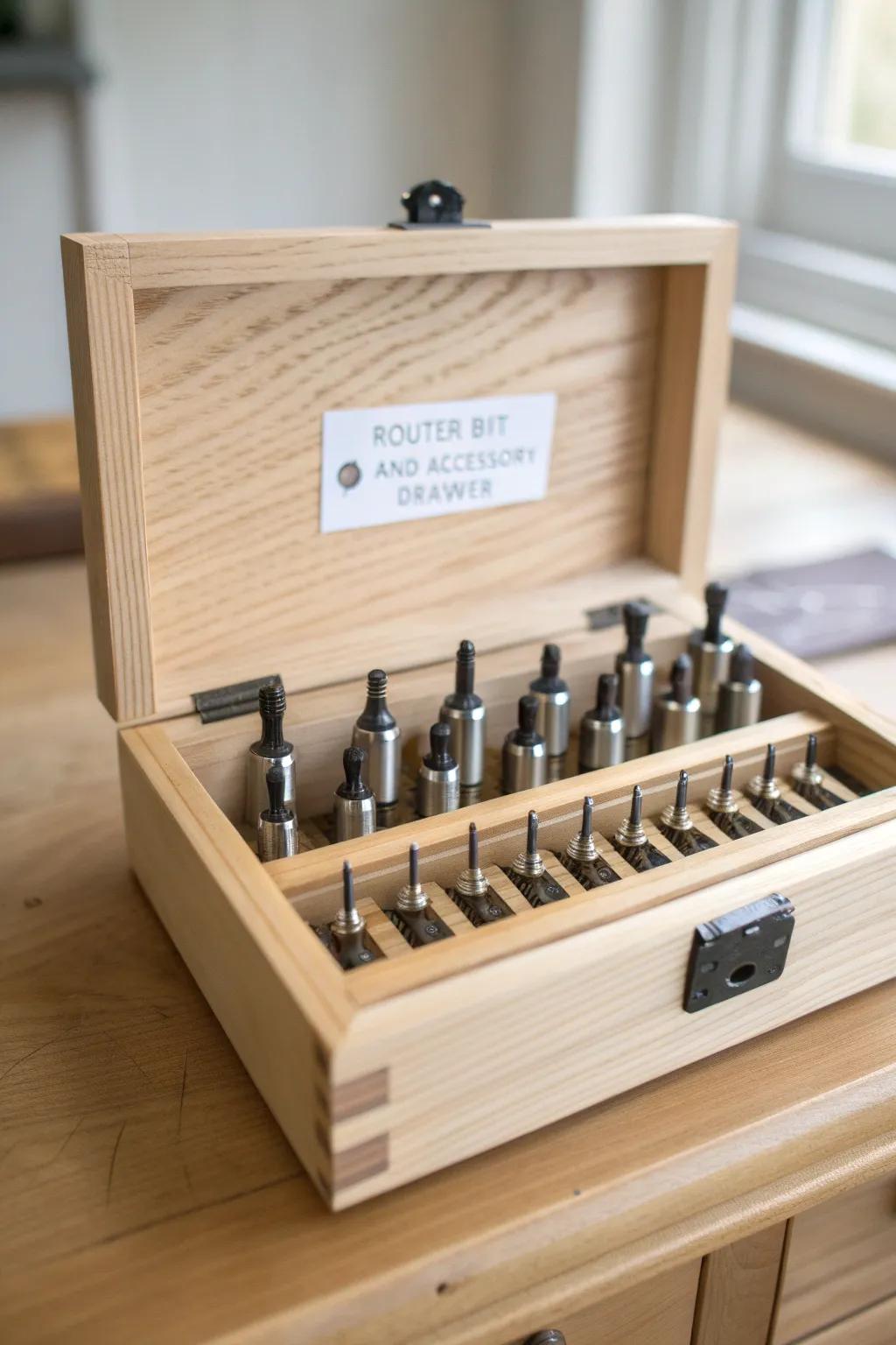 A clean router-bit drawer with labeled slots keeps every accessory ready when you are.